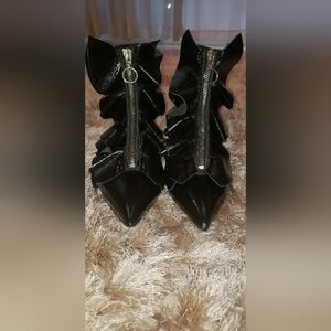 Black Leather Women's Ruffle Boots